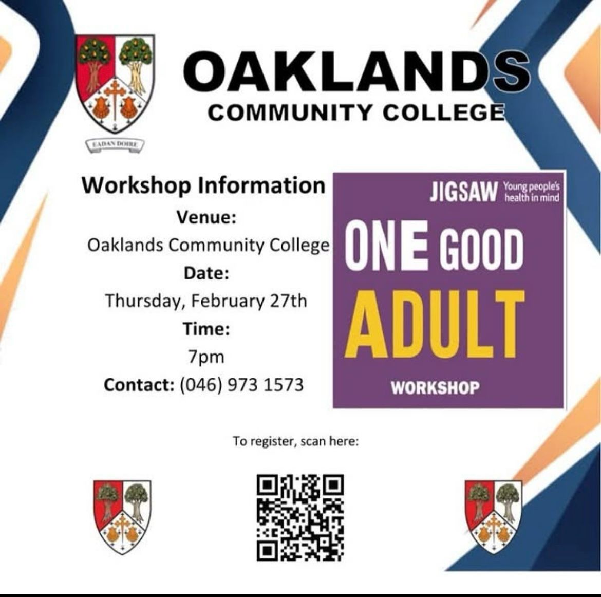 @jigsawlaoisoffaly in conjunction with <a href="/oaklandscc/">OaklandsCC</a> are delighted to host this free community workshop this evening, Thursday 27th February at 7pm in Oaklands Community College. 

To register, scan the QR code or click on the following link forms.office.com/pages/response… <a href="/OaklandsCC/">OaklandsCC</a>