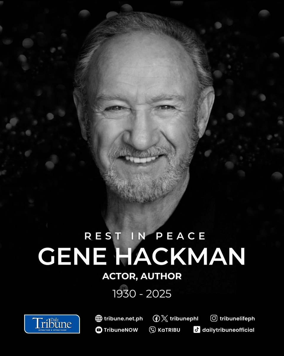 Actor Gene Hackman, 95, was found dead along with his wife, Betsy Arakawa, 63, at their home in Santa Fe, New Mexico. Their dog was also found along with them. Local police said there were no signs of foul play.

#DailyTribune #genehackman