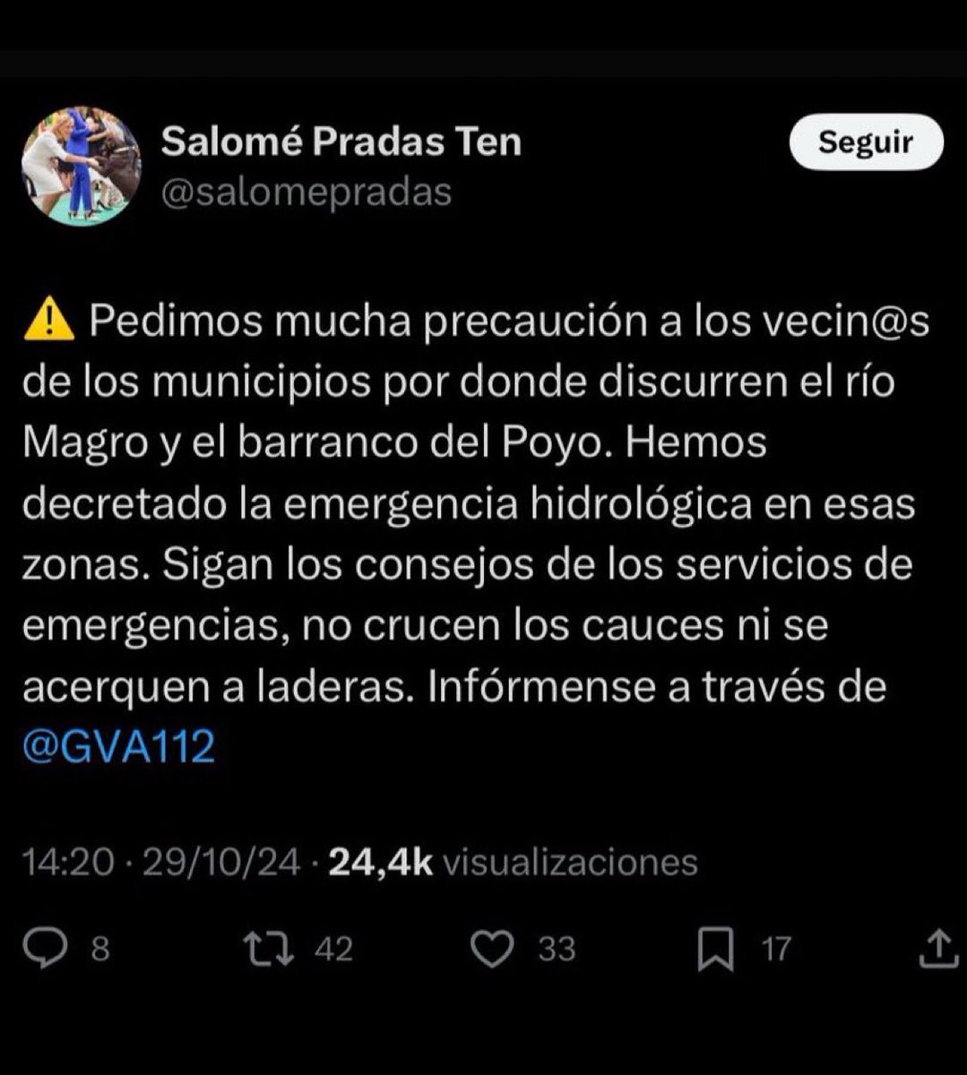josevico4's tweet photo. Este tuit es de Salomé Pradas en día de la Dana, ojo, a las 14'20.
Este tuit debería haber sido el sms de alerta a los móviles, y haber paralizado toda actividad laboral de la provincia de Valencia.

Es más, desmonta los bulos de Mazón que dice que a esa hora estaba todo tranquilo.
Él sí lo estaba, hijo de mil puteros