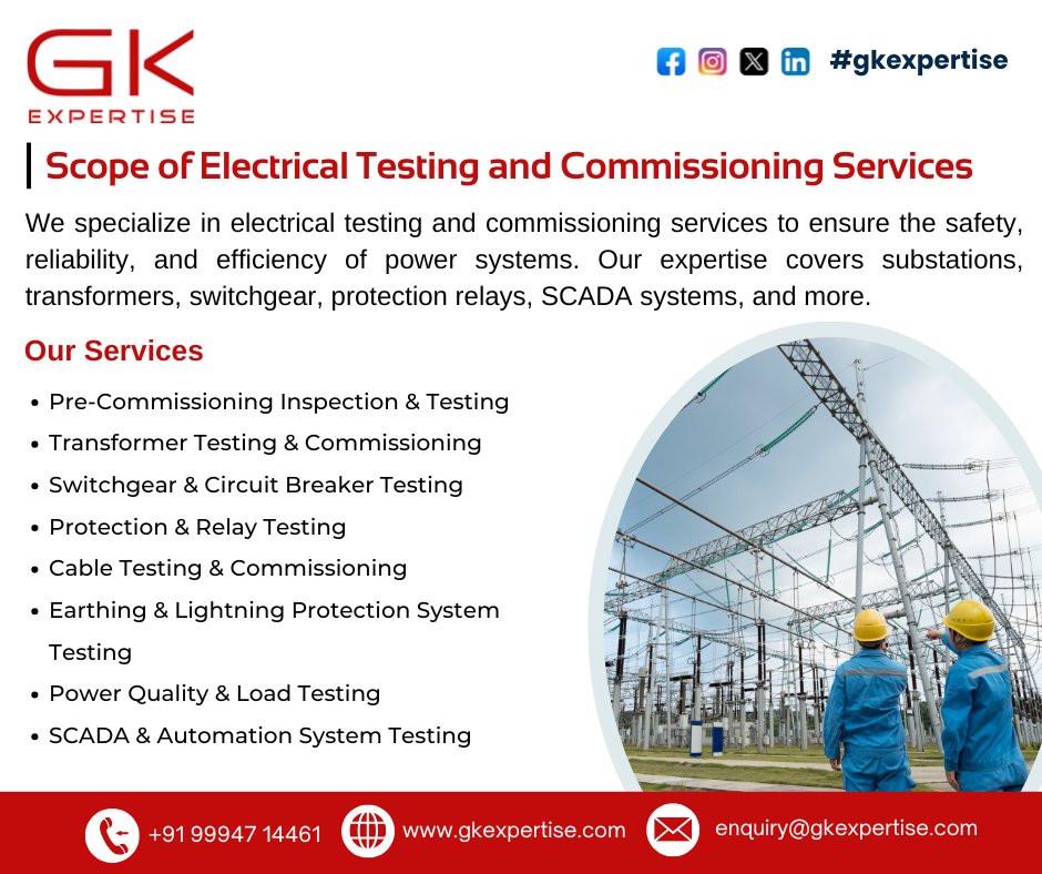 gk_expertise's tweet image. Electrical Testing and Commissioning Services | GK Expertise

Get in Touch With Us

📲 +91 99947 14461
📤 enquiry@gkexpertise.com
🔗 gkexpertise.com

#gkexpertise #testingandcommissioning #substationmaintenance #substationtesting #substationcommissioning #Relaytesting