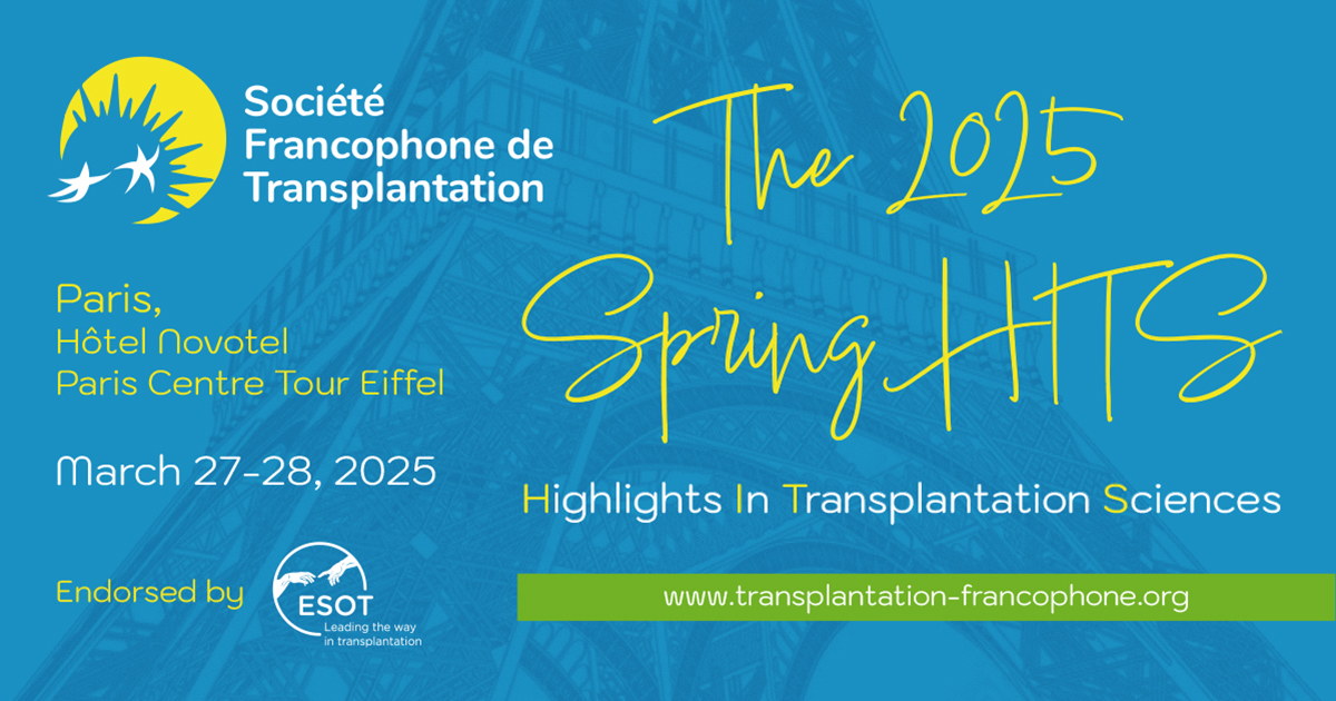 🗓️ [J-1 mois] La deuxième édition des Spring HITS (Spring Highlights in Transplantation Sciences) consacrée aux diagnostics et traitements innovants des infections, aura lieu à Paris les 27 et 28 mars, sous l'égide de la SFT et de l' <a href="/ESOTtransplant/">ESOTtransplant</a> 

transplantation-francophone.org/nos-evenements…