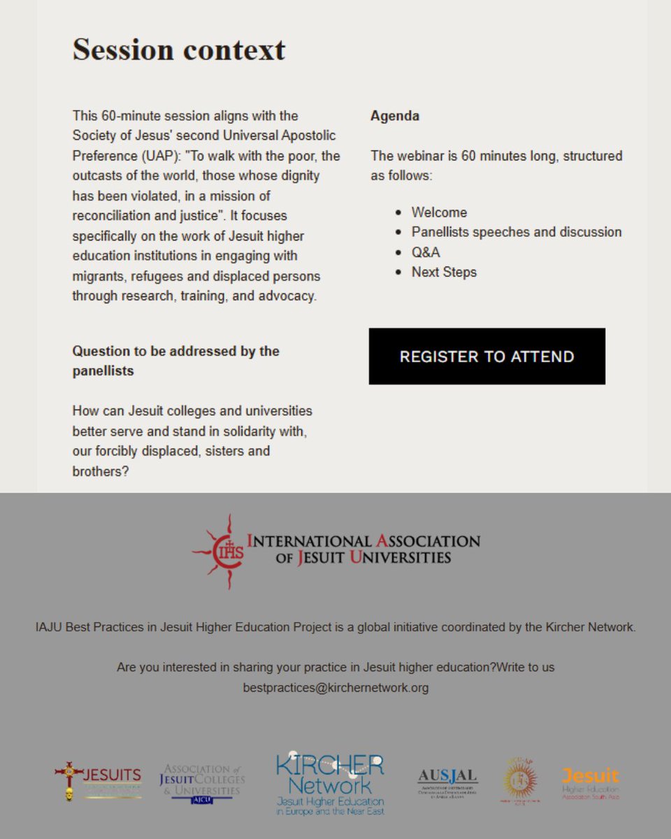 Alberto Ares (@albertoares) on Twitter photo The lnternational Association of Jesuit Universities <a href="/IAJUnews/">International Association of Jesuit Universities</a> invites you to a webinar Learn how Jesuit higher education institutions engage with migrants, refugees, and displaced persons. Happening on March 20th at 2 pm CET! Register now! 👇🏽
lu.ma/qi4pr2y0 The lnternational Association of Jesuit Universities <a href="/IAJUnews/">International Association of Jesuit Universities</a> invites you to a webinar Learn how Jesuit higher education institutions engage with migrants, refugees, and displaced persons. Happening on March 20th at 2 pm CET! Register now! 👇🏽
lu.ma/qi4pr2y0