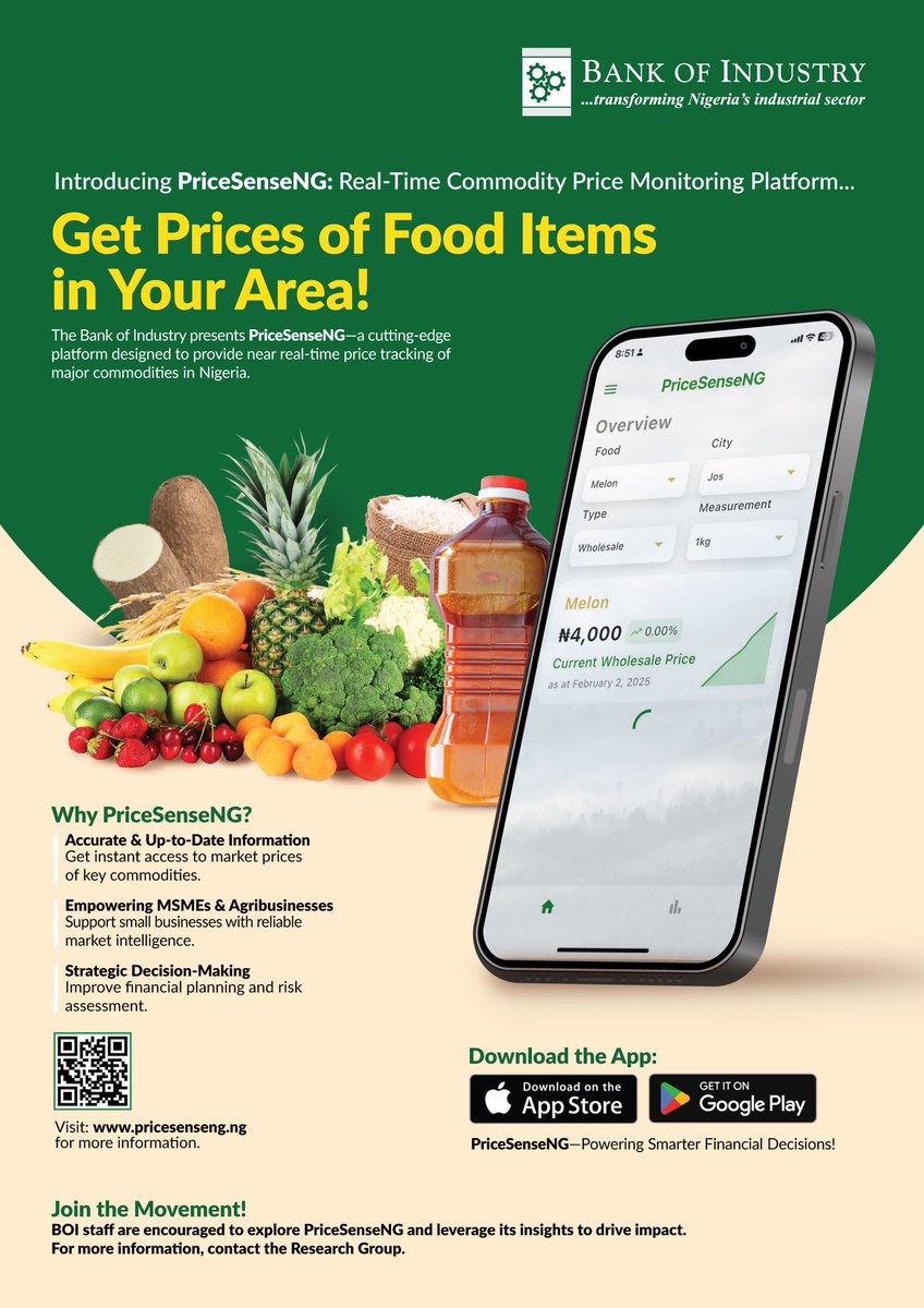 Bank of Industry, Nigeria (@boinigeria) on Twitter photo Introducing #PriceSenseNG by <a href="/BOINigeria/">Bank of Industry, Nigeria</a>! Track real-time commodity prices in Nigeria. Empower your business with accurate market insights. 📊📲
Visit: pricesenseng.ng
#Agribusiness #MSMEs #FinancialDecisions Introducing #PriceSenseNG by <a href="/BOINigeria/">Bank of Industry, Nigeria</a>! Track real-time commodity prices in Nigeria. Empower your business with accurate market insights. 📊📲
Visit: pricesenseng.ng
#Agribusiness #MSMEs #FinancialDecisions