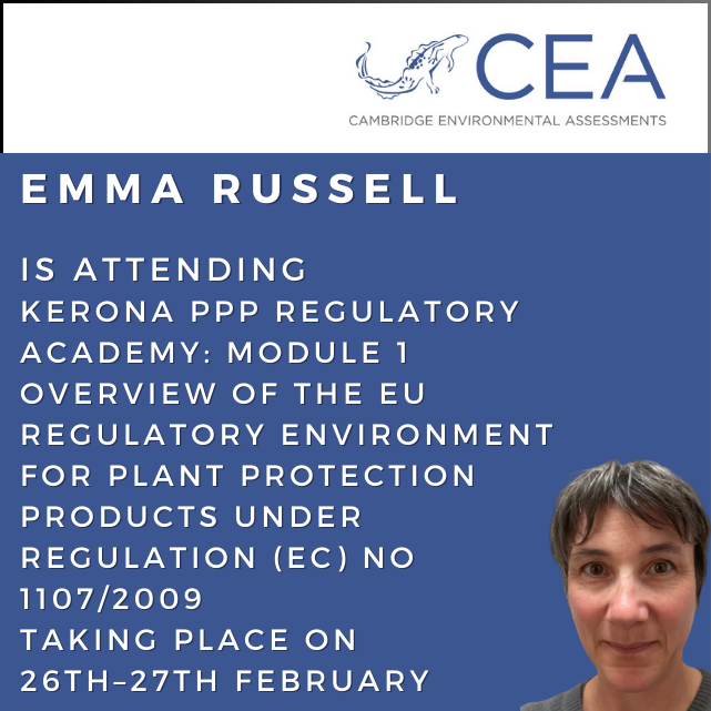 Emma Russell virtually attending Kerona PPP Regulatory Academy: Module 1 Overview of the EU Regulatory Environment for Plant Protection Products under Regulation (EC) No 1107/2009 on 26th and 27th February 2025.

Find out more about what we get up to... cea.adas.co.uk