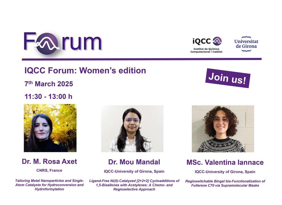 IQCC UdG (@iqccudg) on Twitter photo Join us for the #IQCCForum Women's edition, with
Dr M. Rosa Axet (<a href="/CNRS/">CNRS 🌍</a>) Dr. Mou Mandal (<a href="/DIMOCAT_iqcc/">DiMoCaT_IQCC</a>) and <a href="/ValeIannax/">Valentina Iannace</a> (<a href="/QBIScat_UdG/">QBIS-CAT Research Group</a>)
7th March
11:30am
Aula Magna - <a href="/UdGCiencies/">Facultat de Ciències</a>
#8M #WomenInScience #WomeninChemistry #STEM Join us for the #IQCCForum Women's edition, with
Dr M. Rosa Axet (<a href="/CNRS/">CNRS 🌍</a>) Dr. Mou Mandal (<a href="/DIMOCAT_iqcc/">DiMoCaT_IQCC</a>) and <a href="/ValeIannax/">Valentina Iannace</a> (<a href="/QBIScat_UdG/">QBIS-CAT Research Group</a>)
7th March
11:30am
Aula Magna - <a href="/UdGCiencies/">Facultat de Ciències</a>
#8M #WomenInScience #WomeninChemistry #STEM