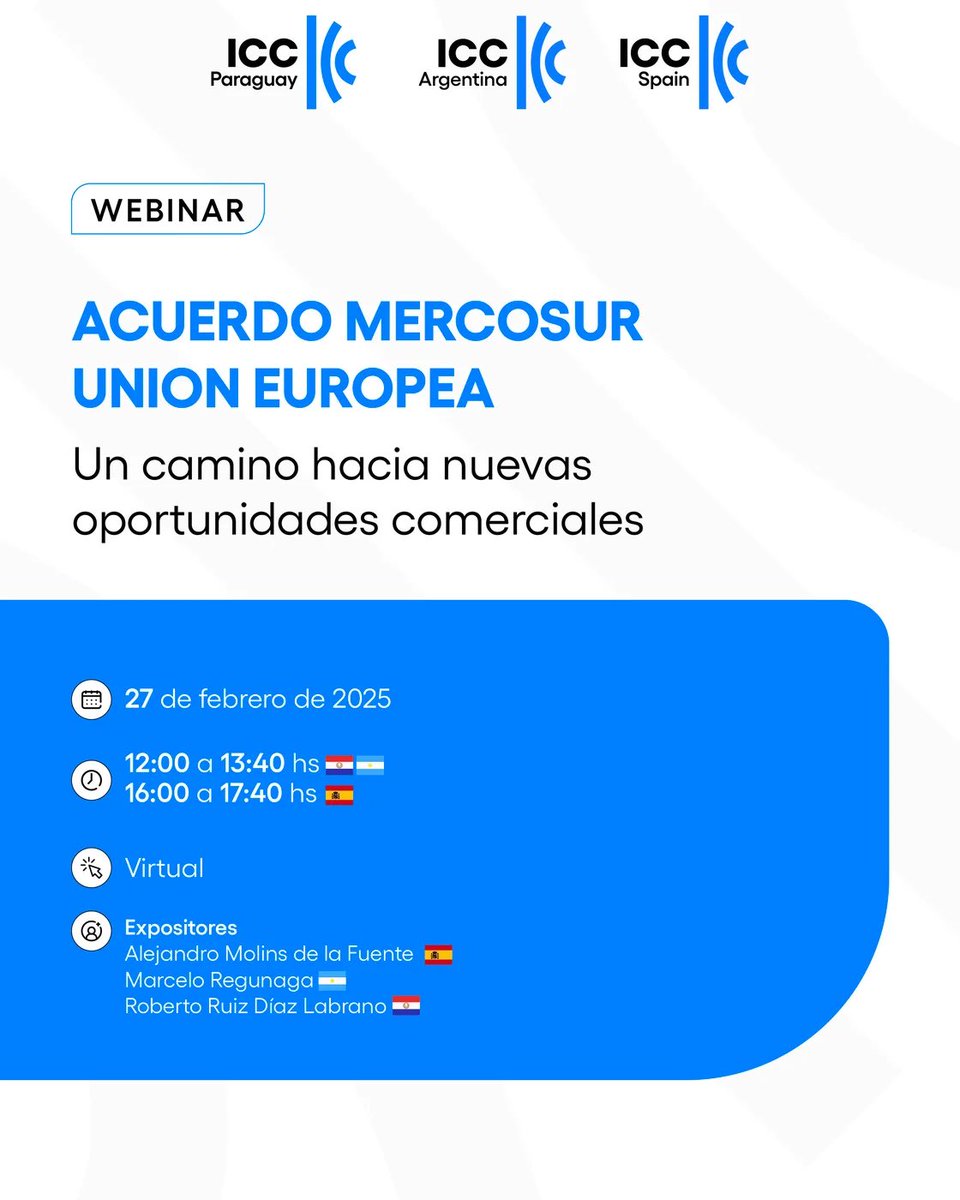 📣 Hoy no te pierdas el webinar sobre el Acuerdo Mercosur - Unión Europea 🫰🏽
🕓 16:00 CET 
Inscríbete  ➡️ us02web.zoom.us/meeting/regist…