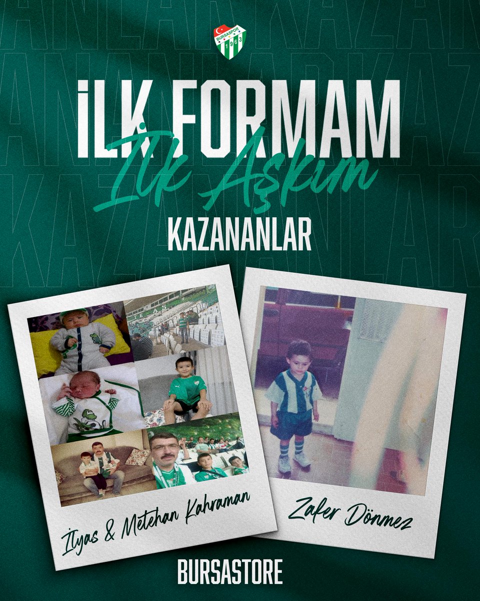 İlk Formam, İlk Aşkım yarışmamızın kazananları belli oldu! Bursaspor sevdasıyla büyüyen İlyas &amp; Metehan Kahraman ve Zafer Dönmez’i tebrik ediyoruz! Yeşil-beyaz sevda nesilden nesile devam ediyor!  #Bursastore #Bursaspor