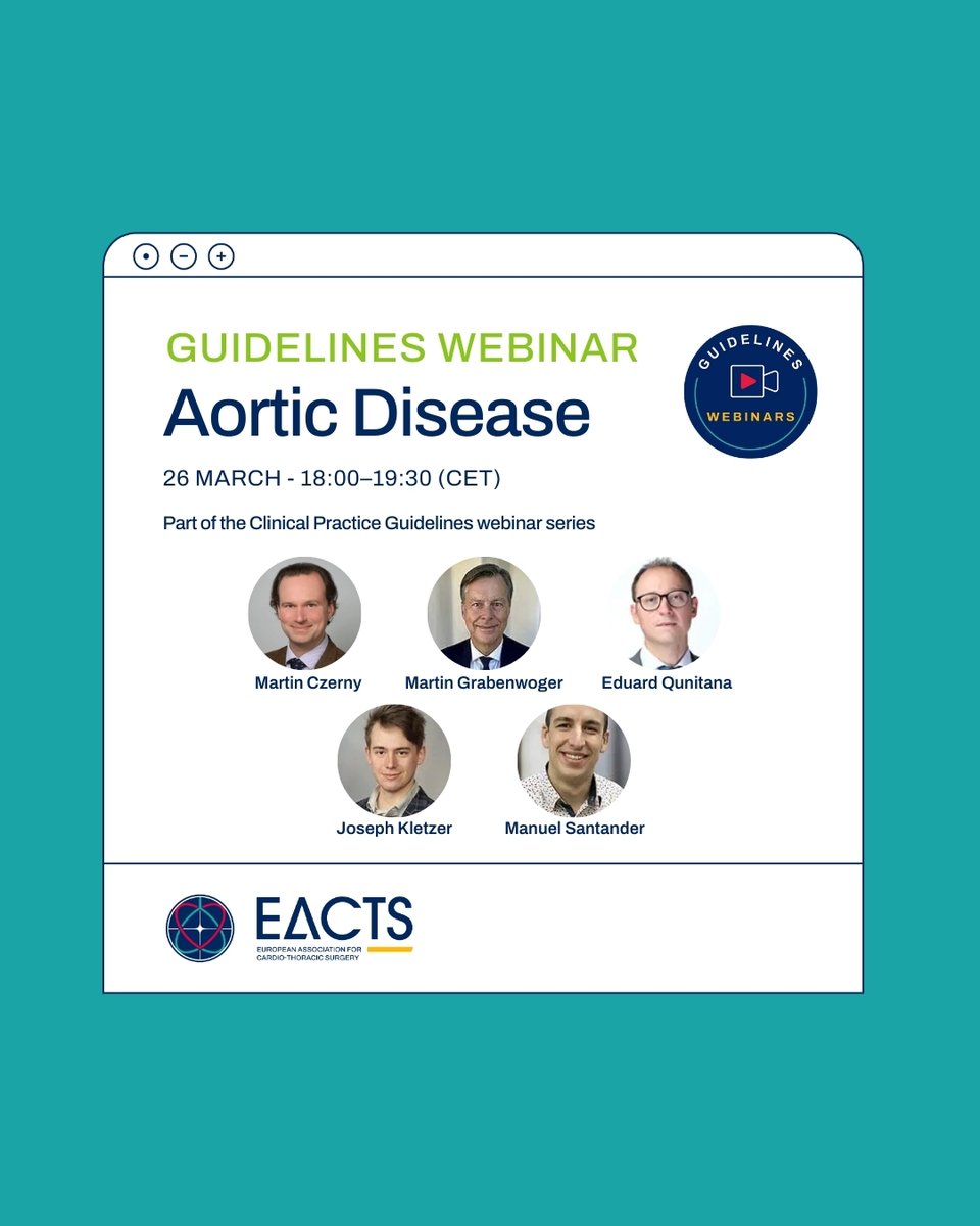 EACTS (@eacts) on Twitter photo Not long to go until our first Clinical Practice Guidelines webinar! 👀
Join Martin Czerny, Martin Grabenwöger & <a href="/QuintanaHCB/">Eduard Quintana</a> on 26 March for an exclusive webinar covering:
✅ Expert insights on acute and chronic aortic pathologies
✅ Case studies and practical applications
✅ Not long to go until our first Clinical Practice Guidelines webinar! 👀
Join Martin Czerny, Martin Grabenwöger & <a href="/QuintanaHCB/">Eduard Quintana</a> on 26 March for an exclusive webinar covering:
✅ Expert insights on acute and chronic aortic pathologies
✅ Case studies and practical applications
✅