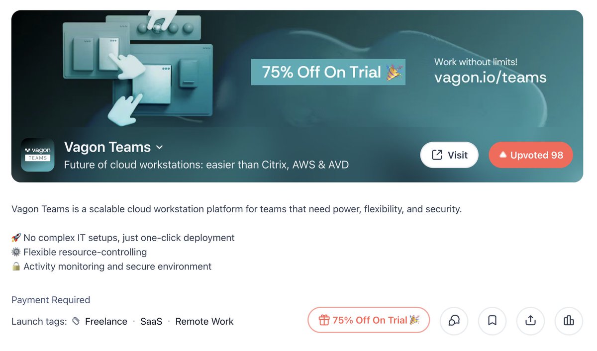 DESKTOP-AS-A-SERVICE: Vagon Teams

<a href="/vagonHQ/">Vagon</a>, Vagon Teams'i Product Hunt'ta duyurdu.

Product Hunt'ta destek, yorum ve paylaşımlarınızı bekliyor.