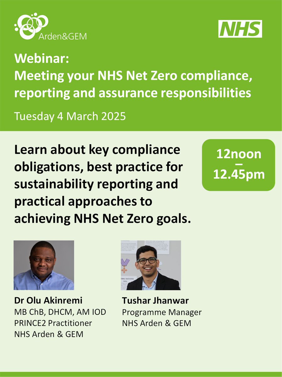 ardengem's tweet image. Last chance to book your place at our webinar:

Net Zero Compliance, Accountability Reporting and Sustainability Assurance in the NHS

Tuesday 4 March 2025: 12noon – 12.45pm

Register now: bit.ly/4aUqPP9

#NHSLeadership #NHSNetZero #NHSPlanning

@OluAkinremi