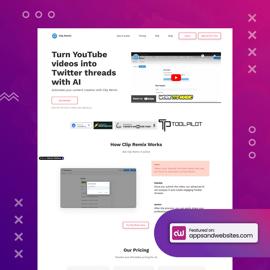 AppsandWebsites's tweet image. From YouTube to Twitter in seconds! 🎬📜 Use AI to create impactful Twitter threads from your videos. Simplify content repurposing and maximise engagement. 💡 

#ClipRemix #ContentCreation 
#TwitterThreads

More awesome AI tools for you to check out:appsandwebsites.com/directory/ai-t…
