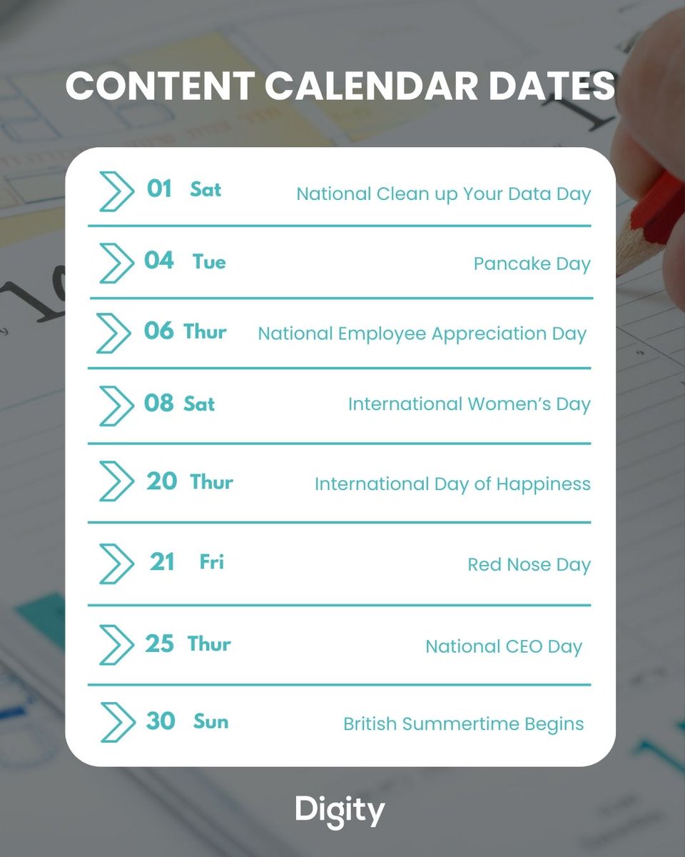 🌟 March Content Calendar is here! 🌟⁠

Whether you’re looking to celebrate, educate, or create buzz, these key dates are your chance to make an impact!⁠
⁠
#ContentCalendar #March2025 #DigitalMarketing #SocialMediaStrategy #ContentCreation #MarketingTips #EngageYourAudience