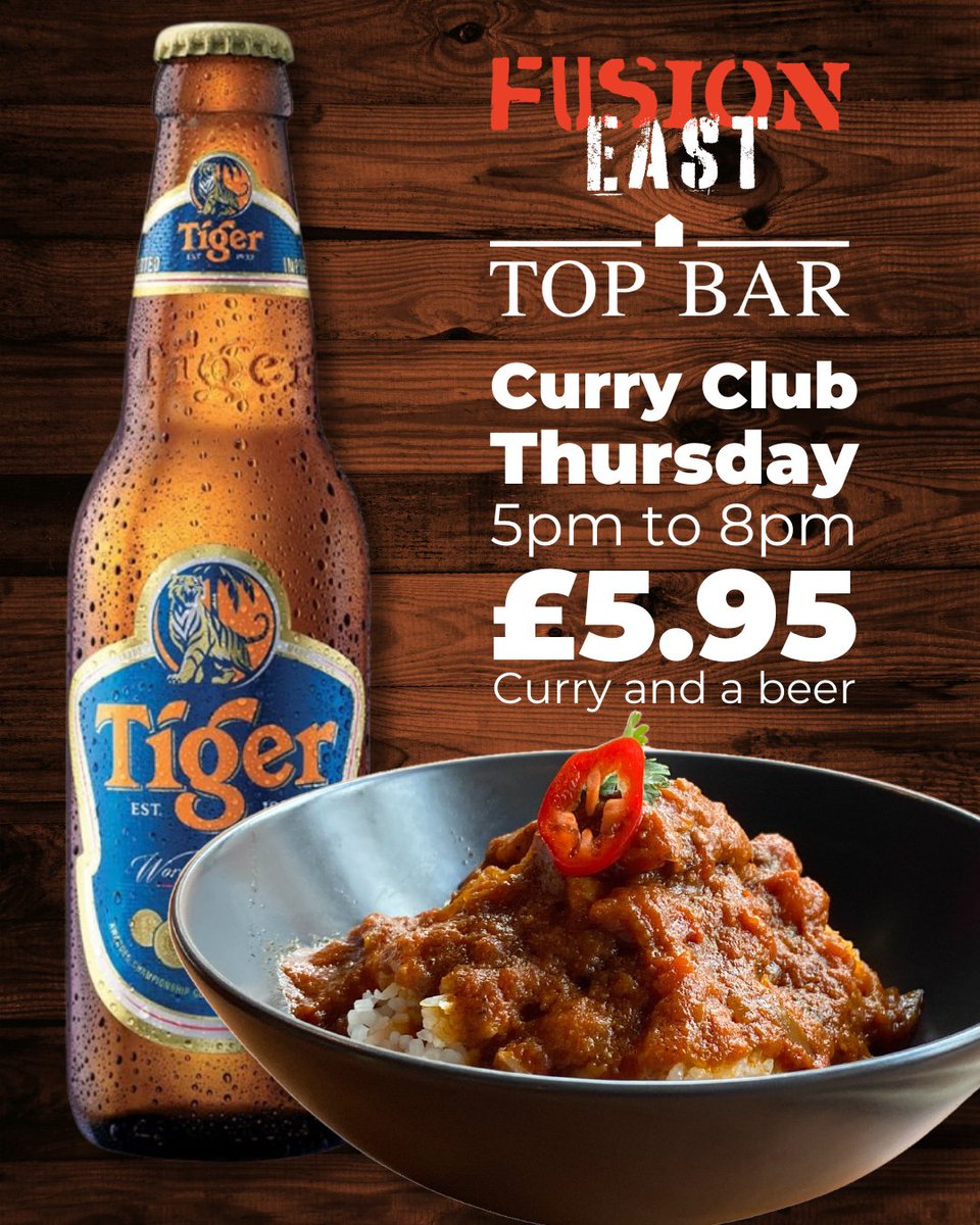 🍛 Join <a href="/EssexFood/">Essex Food</a> n Fusion East and Top Bar for Thursday Curry Club.

Between 5pm and 8pm every Thursday, get  a curry and a beer for just £5.95.

📍 Fusion East and Top Bar are located just off Square 4.