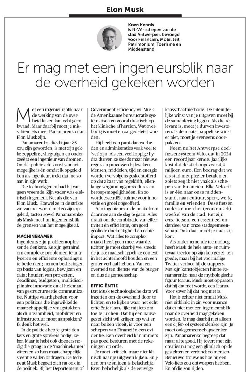 Met een ingenieursblik naar de werking van de overheid kijken kan echt geen kwaad. Maar daarbij moet je misschien iets meer Panamarenko dan Elon Musk zijn.

Lees mijn opiniebijdrage hier:  demorgen.be/meningen/het-i…

Voel u vooral vrij om hieronder te reageren.