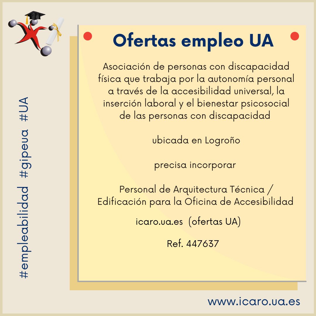 GIPE (@gipeua) on Twitter photo Tablón de ofertas de Empleo:
Arquitectura Técnica / Edificación para la Oficina de Accesibilidad (Logroño)
gipe.ua.es/es/tablon-de-o…
<a href="/EPSAlicante/">EPS Alicante</a> <a href="/DEEPSUA/">Delegación de Estudiantes EPS UA</a> <a href="/CentroEmpleoUA/">Centro de Empleo | UA</a> <a href="/_Alumni_UA/">AlumniUA</a> #empleabilidad #gipeua #UA Tablón de ofertas de Empleo:
Arquitectura Técnica / Edificación para la Oficina de Accesibilidad (Logroño)
gipe.ua.es/es/tablon-de-o…
<a href="/EPSAlicante/">EPS Alicante</a> <a href="/DEEPSUA/">Delegación de Estudiantes EPS UA</a> <a href="/CentroEmpleoUA/">Centro de Empleo | UA</a> <a href="/_Alumni_UA/">AlumniUA</a> #empleabilidad #gipeua #UA