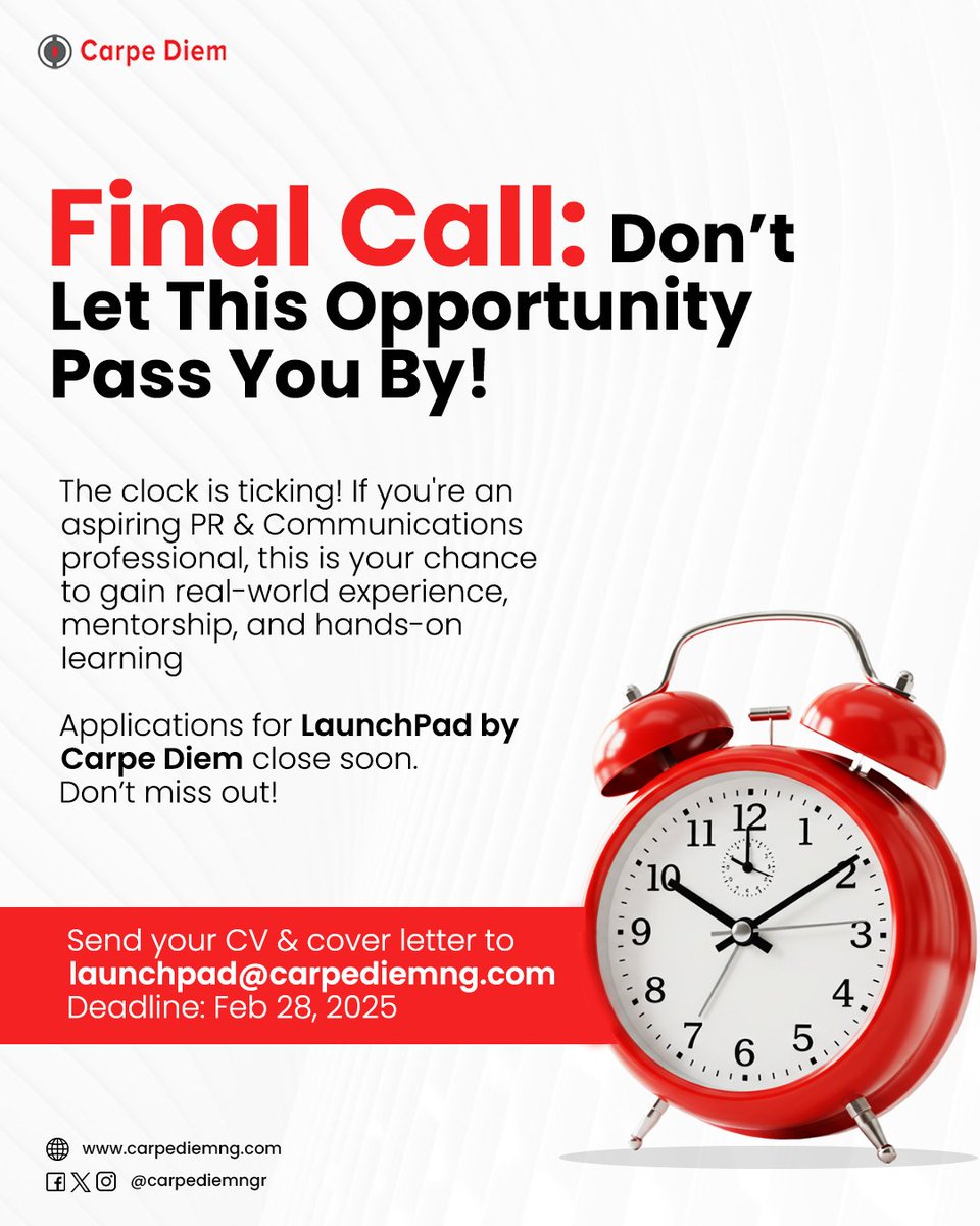 🚨 One Day Left! 🚨

If you’re looking to kickstart your PR &amp; Communications career, Launchpad is your chance to gain experience, work on real projects, and learn from industry pros.

Applications close tomorrow.

📩 Send your CV &amp; cover letter to launchpad@carpediemng.com now!