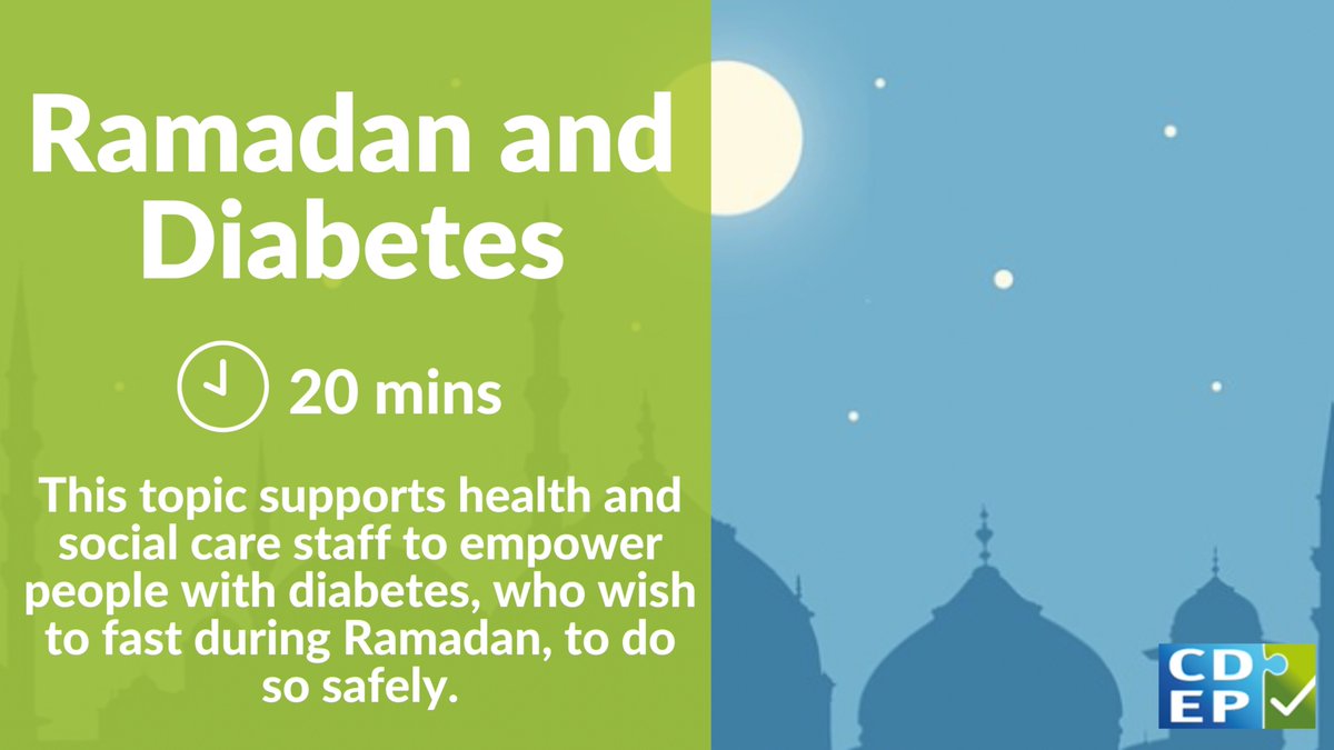 #Ramadan begins this evening and ends on March 30th 🗓

Our 20-minute Diabetes and Ramadan topic supports health and social care workers 👩🏾‍⚕️👨🏽‍⚕️🧑🏻‍⚕️ to identify the risk and empower people with diabetes to fast safely.

🔗 cdep.org.uk