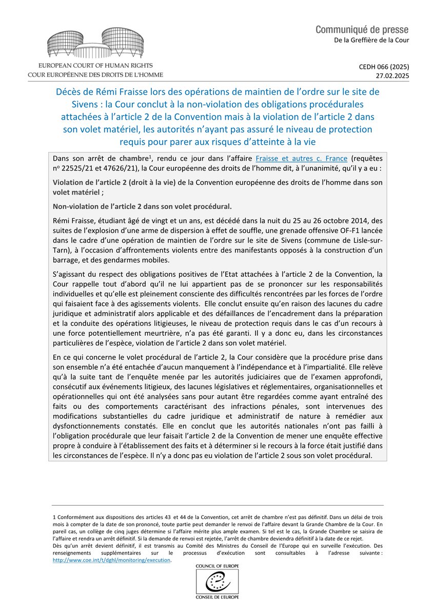 ECHR_CEDH's tweet image. Arrêt Fraisse et autres c. France - Décès de Rémi Fraisse lors des opérations de maintien de l’ordre sur le site de Sivens
hudoc.echr.coe.int/app/conversion…
#ECHR #CEDH #ECHRpress