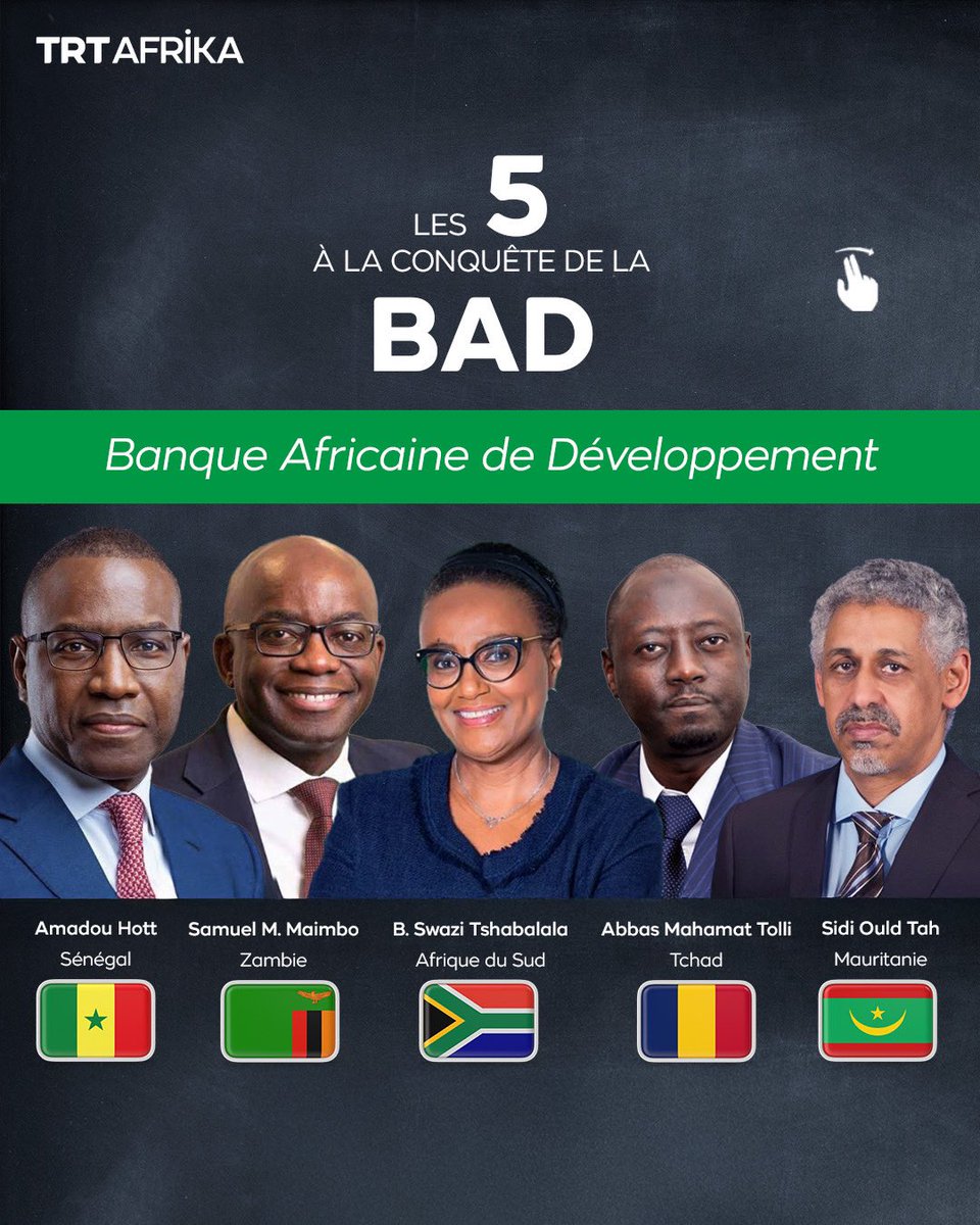 trtafrikaFR's tweet image. Cinq candidats sont en lice pour la présidence de la BAD, une institution clé pour le financement des infrastructures sur le continent : la Sud-Africaine Bajabulile Swazi Tshabalala, le Sénégalais Amadou Hott, le Tchadien Mahamat Abbas Tolli, le Mauritanien Sidi Ould Tah, le…