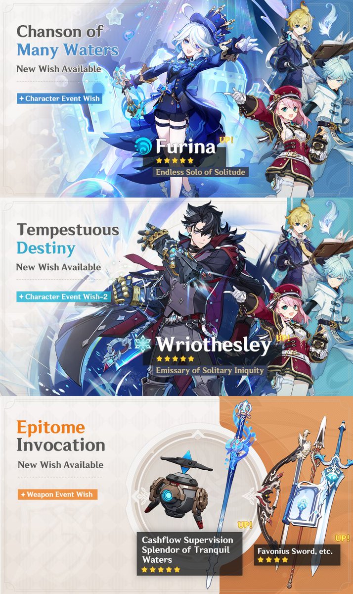 tiofurro___'s tweet photo. ❄️  Banners oficiais da Furina &amp; Wriothesley no Genshin;

Resolveram trazer de uma vez logo todos os Cryo que estavam a mais de um ano sem banner no jogo 

• Wriothesley 477 dias sem banner
• Mika 582 dias sem banner
• Chongyun 477 sem banner
• Charlotte 457 sem banner https://t.co/PyEf1tCaTv