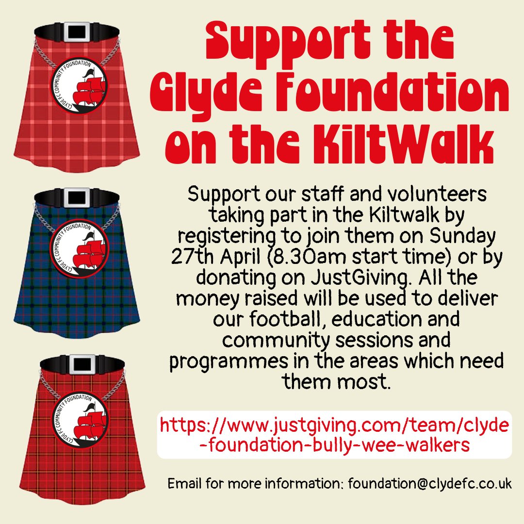 We're looking for volunteers to  take part in the <a href="/thekiltwalk/">Kiltwalk</a>  &amp; help to raise money for the Foundation for the 2025/26 season. 

If you don't feel that you are able to do the walk, we would love anything you can spare to donate on the JustGiving page: justgiving.com/team/clyde-fou…