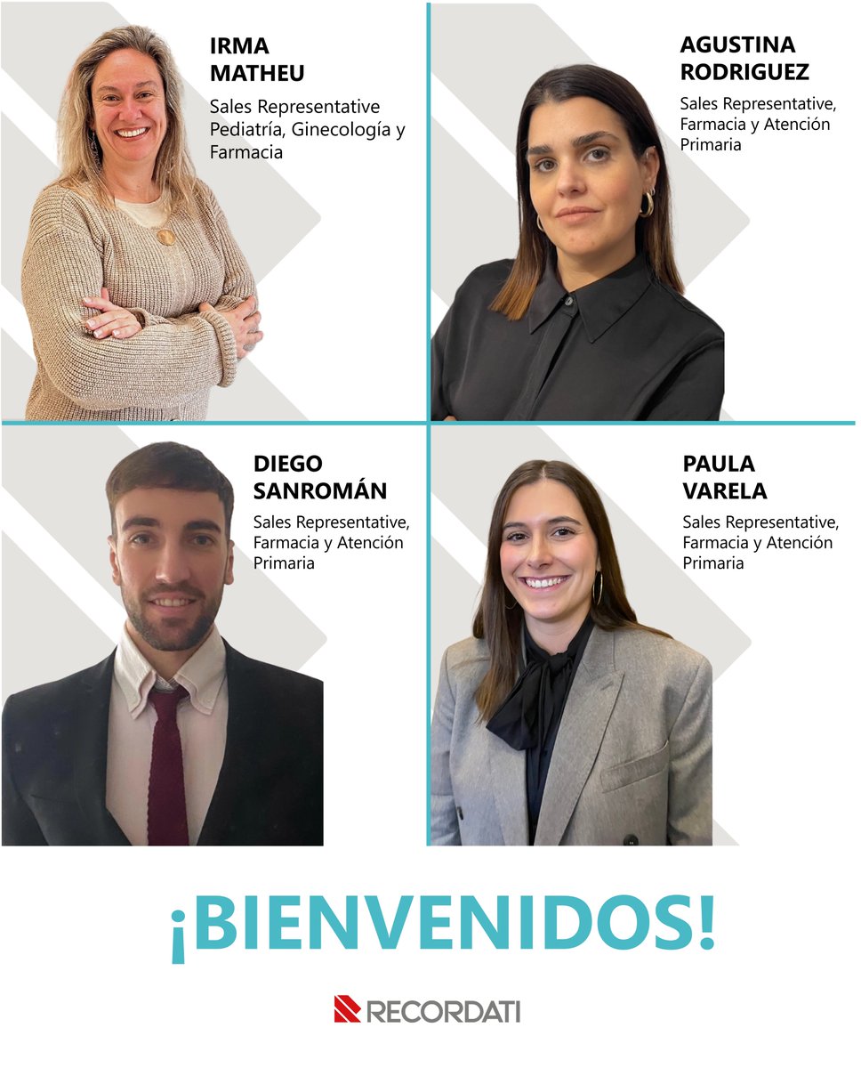 ¡Damos la bienvenida a cuatro nuevos integrantes al equipo de Recordati España!
 
Irma Matheu, Agustina Rodriguez, Diego Sanroman y Paula Varela se unen a nuestro equipo aportando su experiencia y pasión por la innovación en el sector salud. 
 
 #SomosRecordati #RecordatiPeople