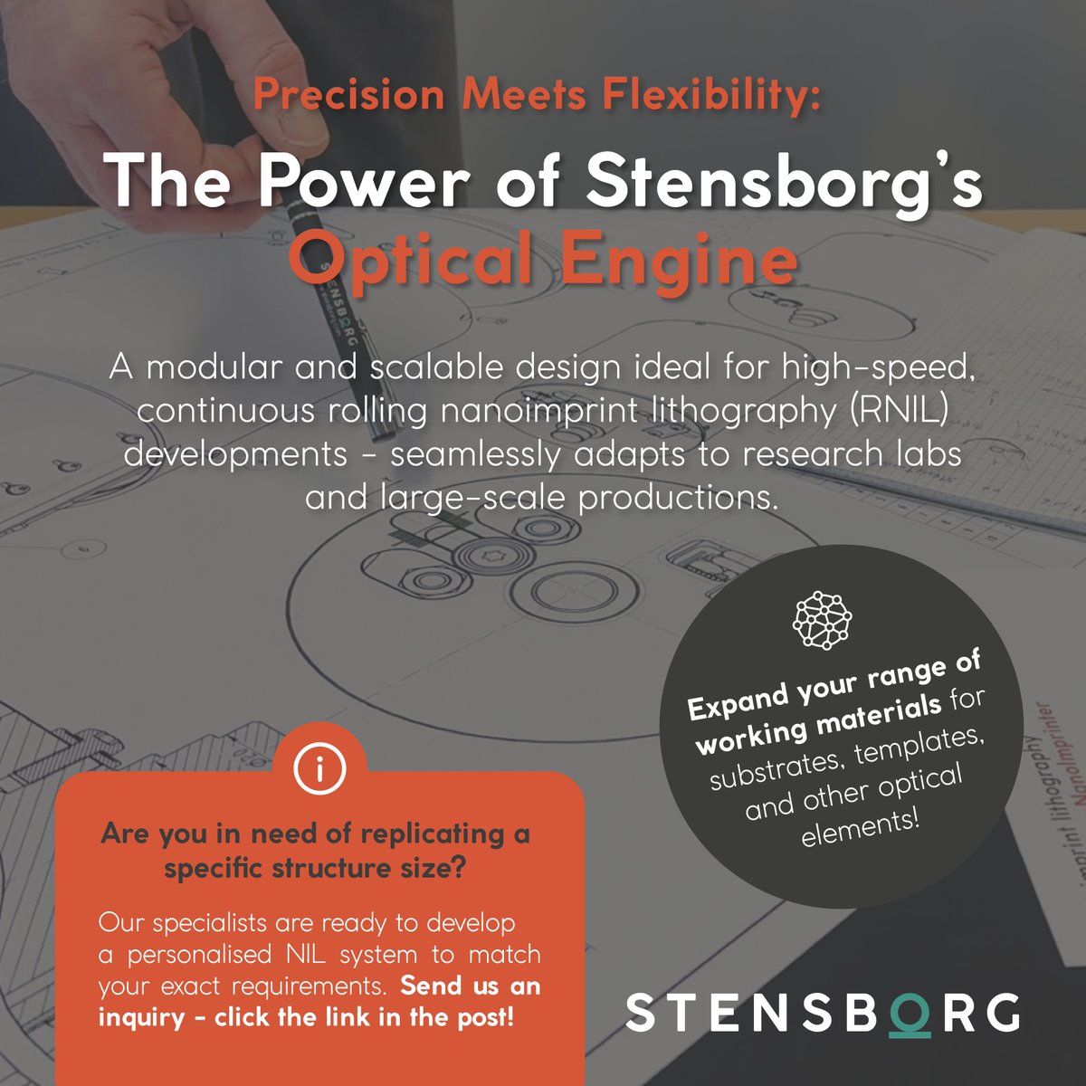 Stensborg's tweet image. At the core of Stensborg’s #NanoimprintLithography systems is a high-precision #OpticalEngine &amp;gt;&amp;gt;

An advanced #UVCuring tech for rapid and continuous #NanoReplication across #OpticalDevelopments.

Need a unique #NanoStructure size? 
Let’s build a solution: bit.ly/45cAld9