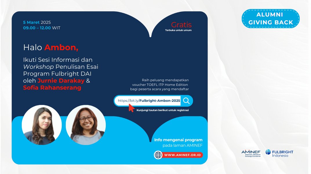 FulbrightID's tweet image. 👋 Halo Ambon, Maluku!

Hadiri acara tatap muka #AlumniGivingBack bersama AMINEF dua orang alumni Fulbright DAI dari kota tersebut, yaitu Jurnie Darakay dan Sofia Rahanserang.
