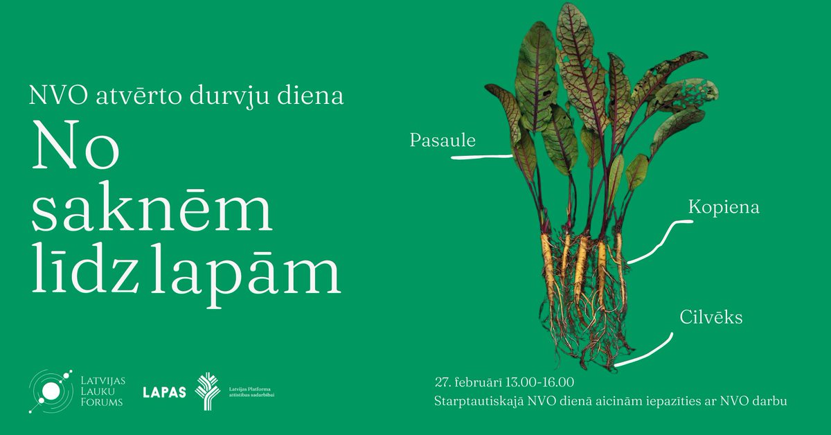 27. februārī Starptautiskās NVO dienas ietvaros Latvijas Lauku forums kopā ar LAPAS kopā ar Latvijas Lauku forumu aicina ikvienu iepazīt pilsoniskās sabiedrības nozīmi mūsdienu pasaulē. Tiekamies no 13.00 līdz 16.00.