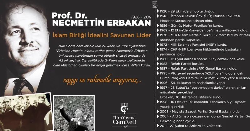 Prof. Dr. #NecmettinErbakan Hocamızı vefatının 14. yılında rahmetle ve duayla yad ediyoruz.
Mekanı cennet olsun...