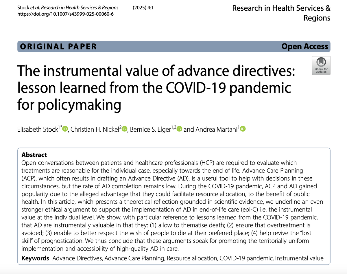 Stock et al. highlight the ethical relevance of #AdvanceDirectives in end-of-life care. Lessons from #COVID19 show that ADs help thematize death, prevent overtreatment, respect patients' preferred place of death, and revive prognostication skills.➡️ link.springer.com/article/10.100…