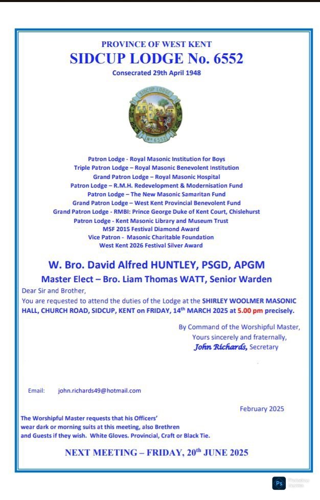 SidcupLodge6552's tweet photo. Please find below the summons for our next meeting on 14/3/25. It is an Installation #meeting. We look forward to welcoming you all, particularly new guests who can contact our Secretary via the email address found on the summons. Best wishes, #Sidcup Lodge. #friendship #Service https://t.co/Dtc3XKduAE