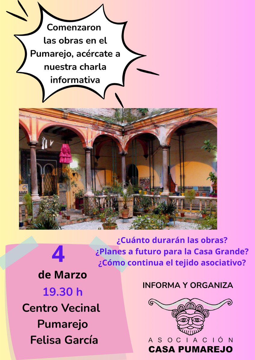 Vecina, vecino, vente a la charla informativa de la Casa Pumarejo
Ñ