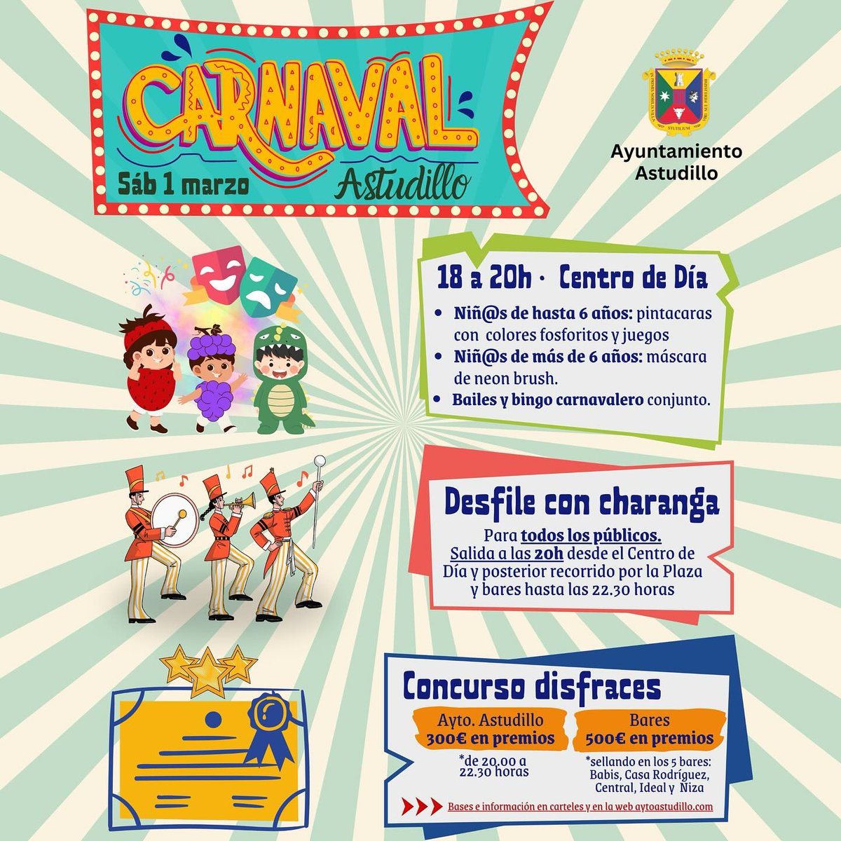 🎭 ¡Carnaval en Astudillo! 🎭
📅 1 de marzo
🎨 18-20h – Centro de Día: Pintacaras (hasta 6 años), Máscaras de neón (+6 años), baile y bingo.
🎺 20h – Desfile con charanga por la plaza y bares.
¡No te lo pierdas! 🎊 #CarnavalAstudillo2025