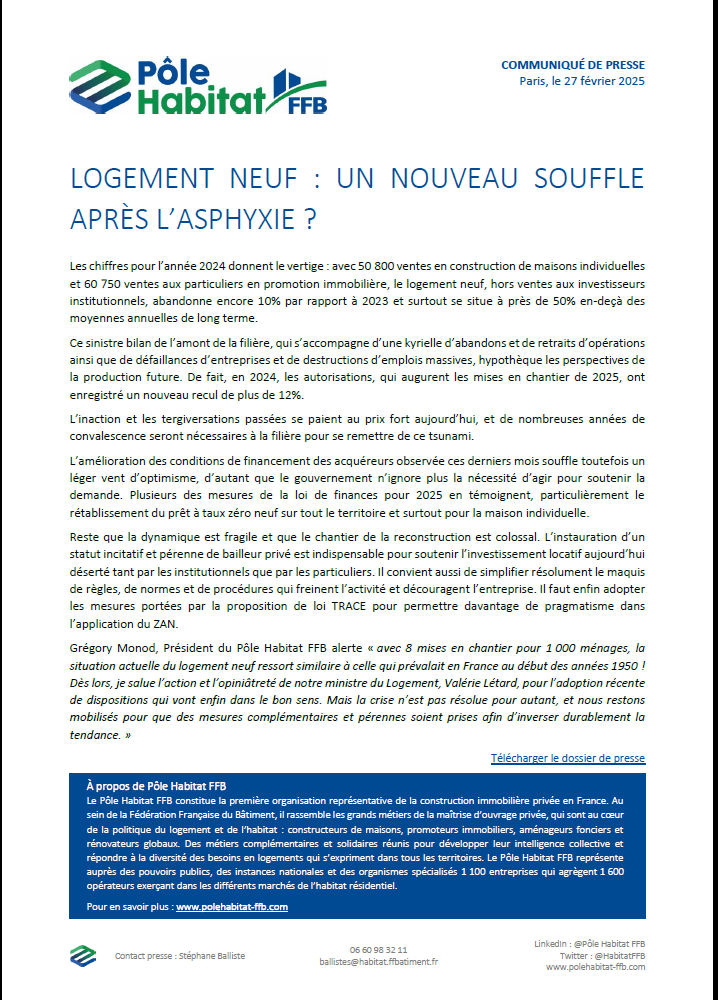 HabitatFFB's tweet image. COMMUNIQUE DE PRESSE
LOGEMENT NEUF : UN NOUVEAU SOUFFLE APRES L'ASPHYXIE ?
@Gregory_Monod, Président du Pôle Habitat FFB, a présenté ce matin en conférence de presse le bilan 2024 et les perspectives 2025 des marchés de la maison individuelle et du logement collectif.
Les…