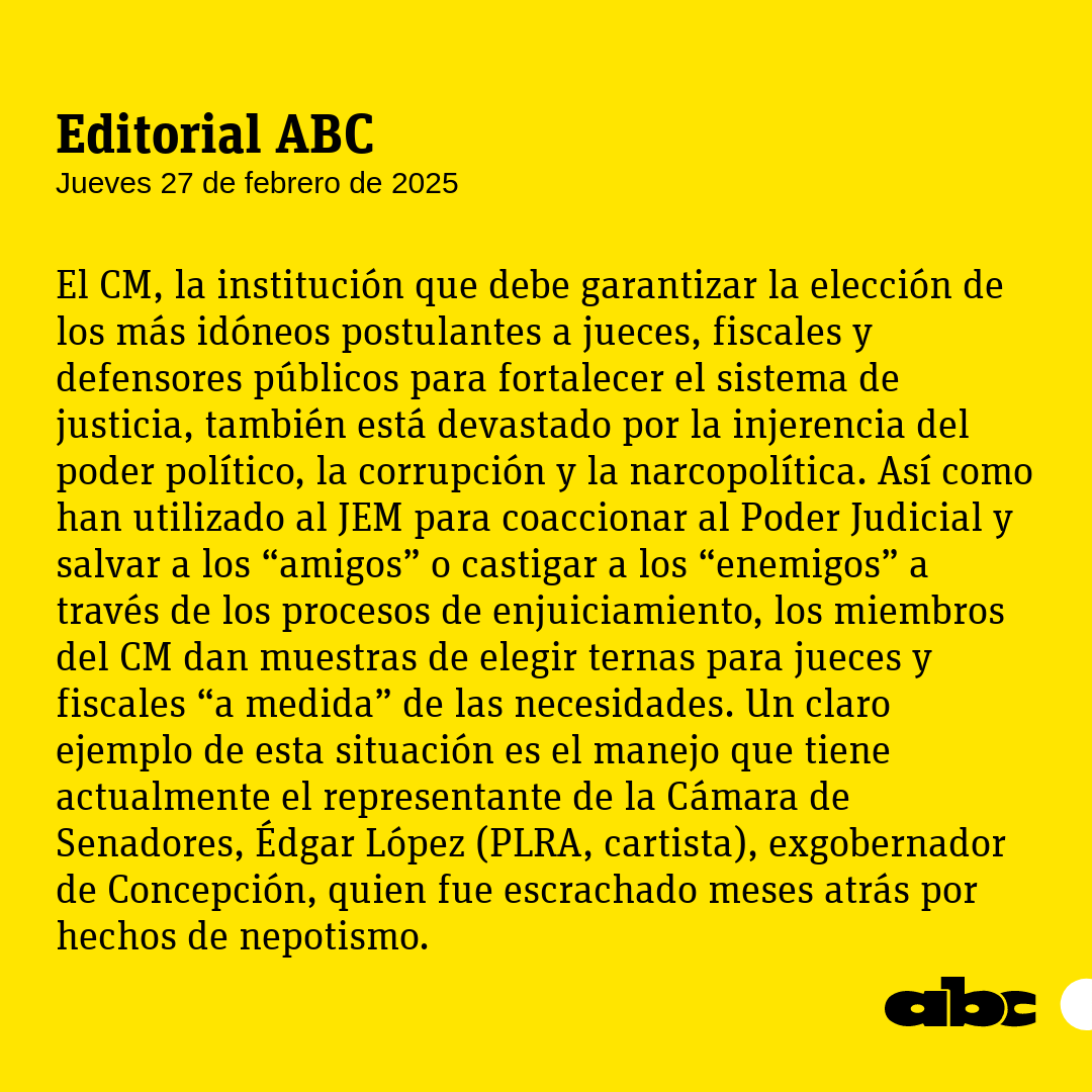 ABCDigital's tweet photo. #EditorialABC | "Consejo de la Magistratura y Jurado de Enjuiciamiento, devastados por el poder político".
Leé más: https://t.co/wXewnaItGO
🔴WhatsApp: https://t.co/zcjWhsOf0A https://t.co/ekfUyYXZki