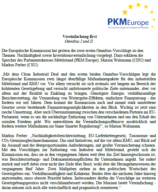 Mit den Vorschlägen zur Entlastung von Industrie und Mittelstand, gesteht sich die <a href="/EU_Commission/">European Commission</a> ein, dass sie weit über das Ziel hinausgeschossen ist, was Berichterstattungspflichten angeht. Wir unterstützen die Vereinfachungsoffensive und fordern mehr Smarte Regulierung!