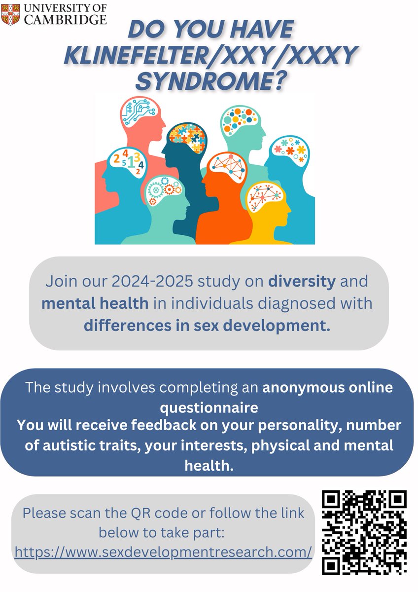 Do you have #Klinefelter Syndrome/#XXY/#XXYplus? Complete our online survey on diversity and mental health support needs here sexdevelopmentresearch.com