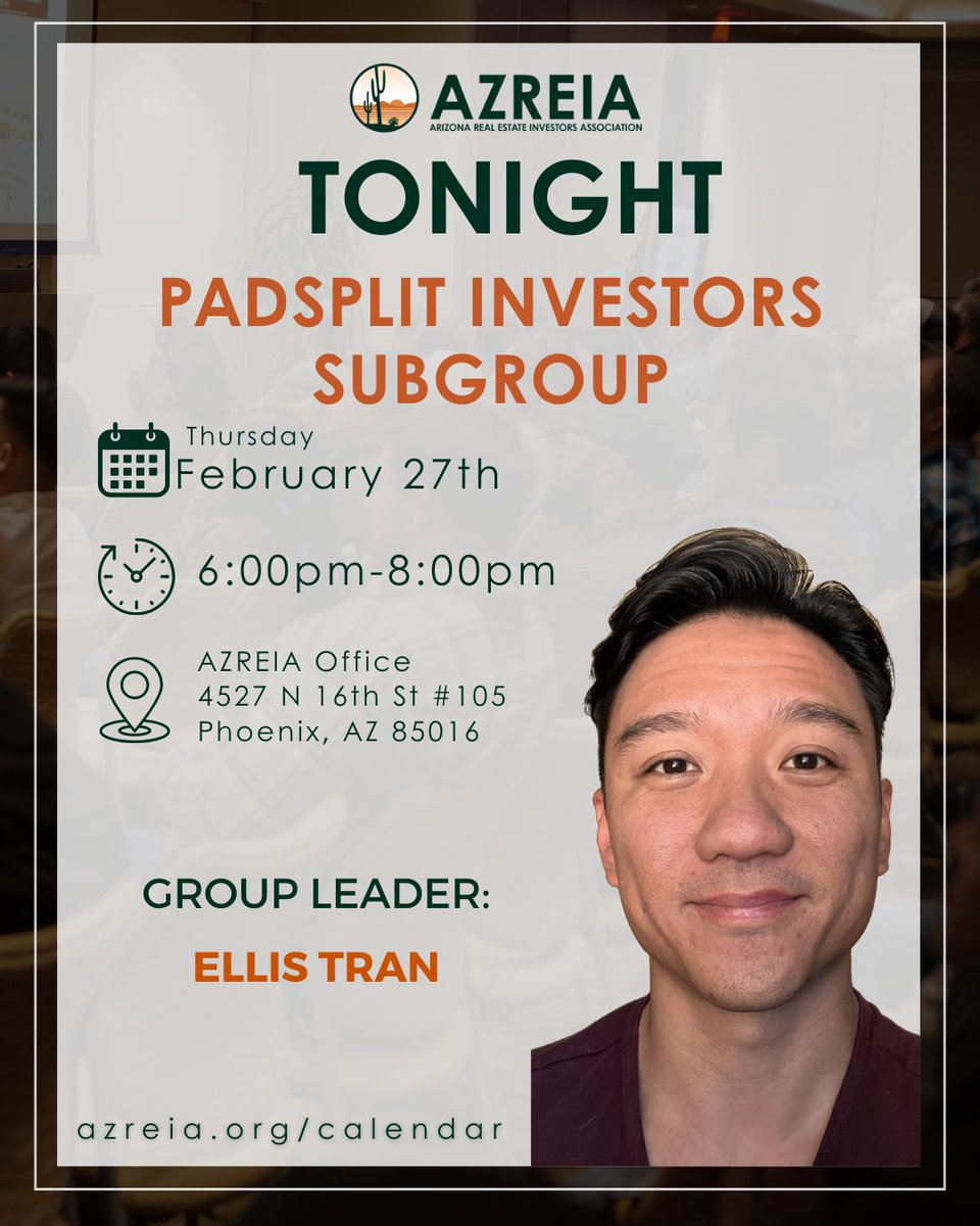 AZREIA's tweet image. TONIGHT. TONIGHT.  Join us at the AZREIA Office for the PadSplit Investors Subgroup!    

 👉 Register now: azreia.org/calendar
#AZREIA #PadSplit #RealEstateInvesting #AffordableHousing #PassiveIncome #RentByRoom #PhoenixEvents