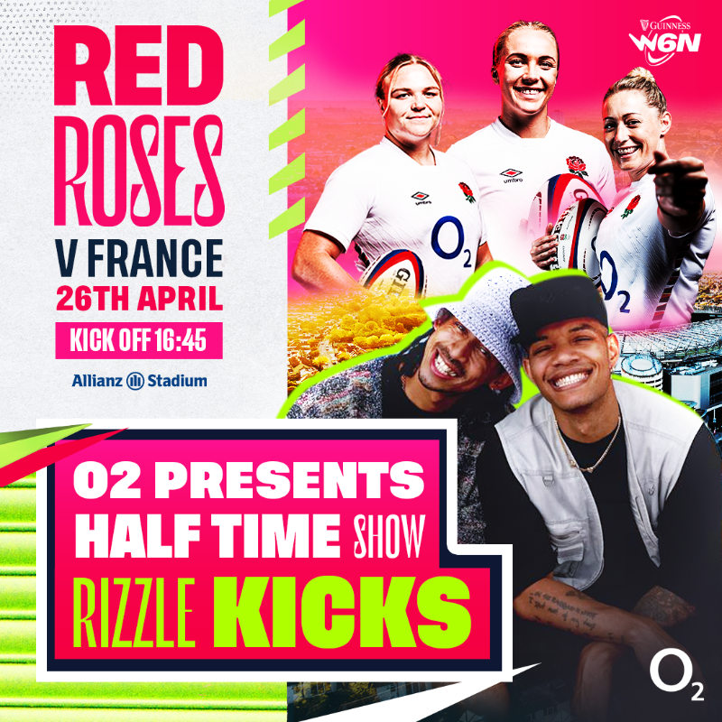 RedRosesRugby's tweet photo. Red Roses 🤝 Rizzle Kicks

As if you needed another reason to come and support the Red Roses… the one and only @RizzleKicks will be playing this year’s half-time show presented by @O2 when we play France on Saturday, 26 April, at the @allianz_stad 🏟️🎵🏉

🎟️⬇️ #WeartheRose
