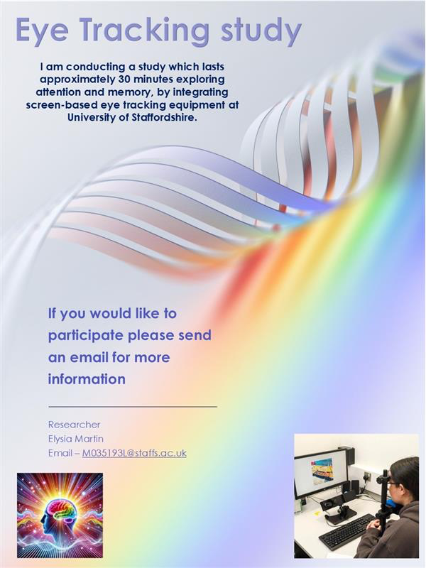 StaffsPsytech's tweet photo. One of our undergraduate students is recruiting participants for their lab-based eye tracking experiment, if you would like to participate please email m035193l@student.staffs.ac.uk https://t.co/QCuGrPLYTx