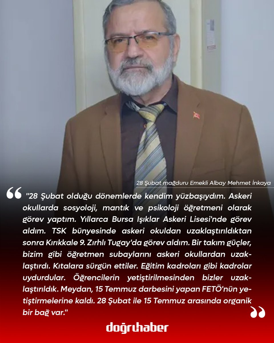 📌 Emekli Albay İnkaya: 28 Şubat'ın hesabı hala verilmedi, dosyalar kapanmadı
👉 Detay İçin (dogruhaber.com.tr/haber/1403596-…)
