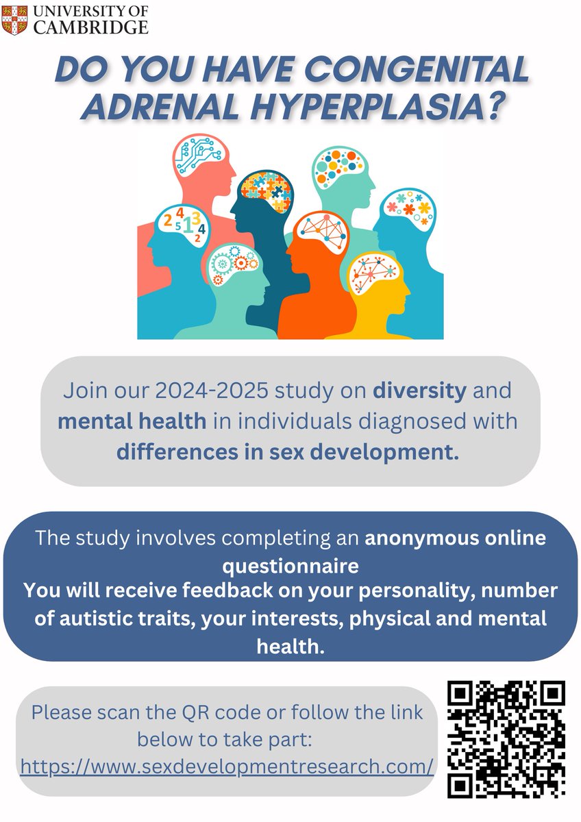 Do you have #CongenitalAdrenalHyperplasia / #CAH? Complete our online survey on diversity and mental health support needs here sexdevelopmentresearch.com