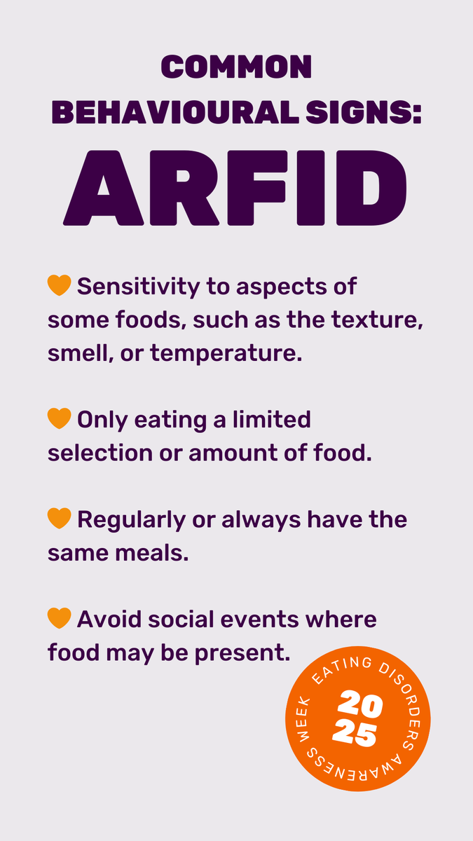Each day this week, we'll be highlighting a type of eating disorder - today we're talking about ARFID. If you recognise these signs in yourself, or someone you love, contact our Helpline today 💜 #EatingDisordersAwarenessWeek #ARFID #EDAW2025 #AnyoneAnytime
