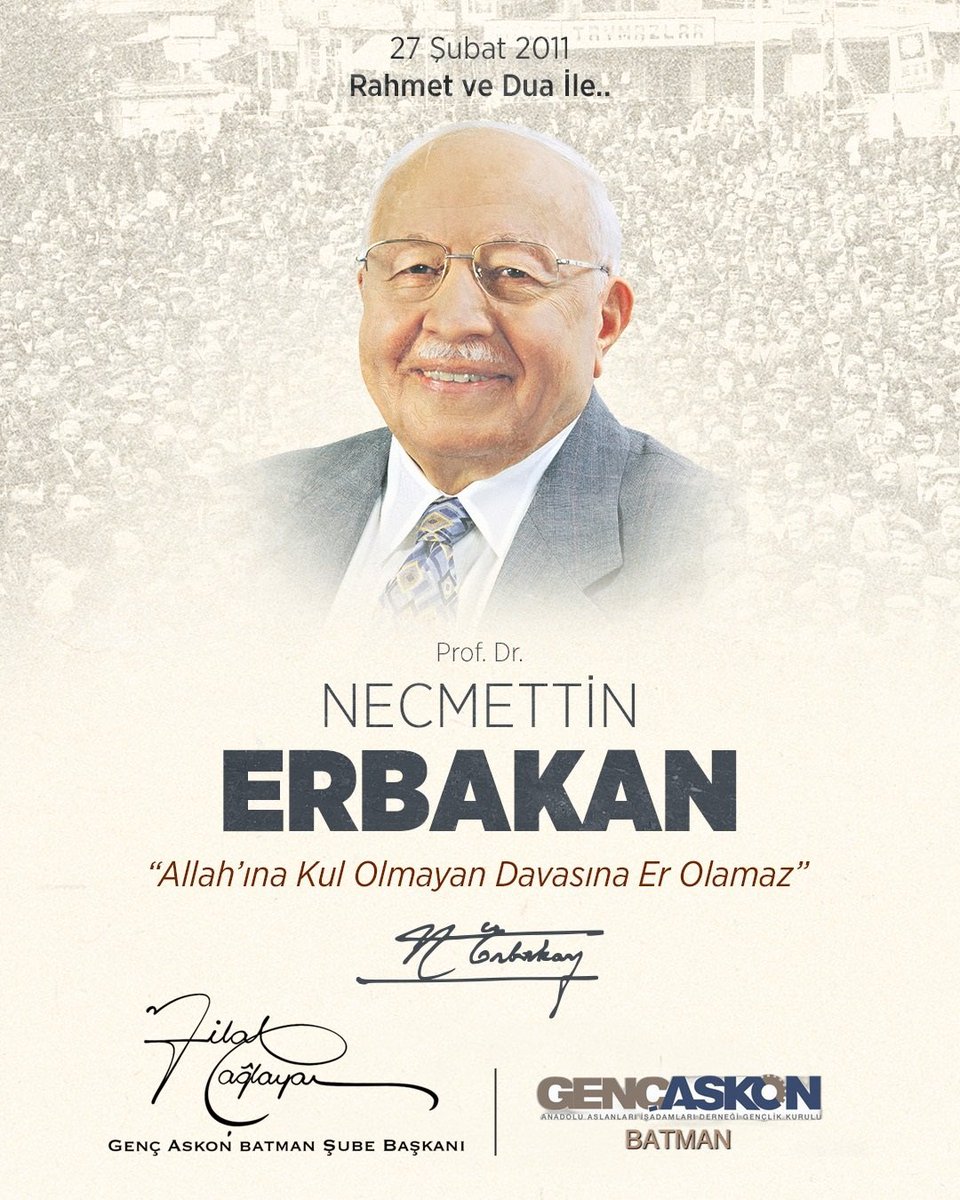 Prof.Dr. Necmettin Erbakan’ı vefatının yıl dönümünde saygı ve rahmetle anıyoruz. 

<a href="/GencAskonTR/">Genç ASKON</a> 
<a href="/orhanaydin/">Orhan AYDIN</a> 
@mffdmr 
<a href="/bilallcaglayan/">Bilal Çağlayan</a>