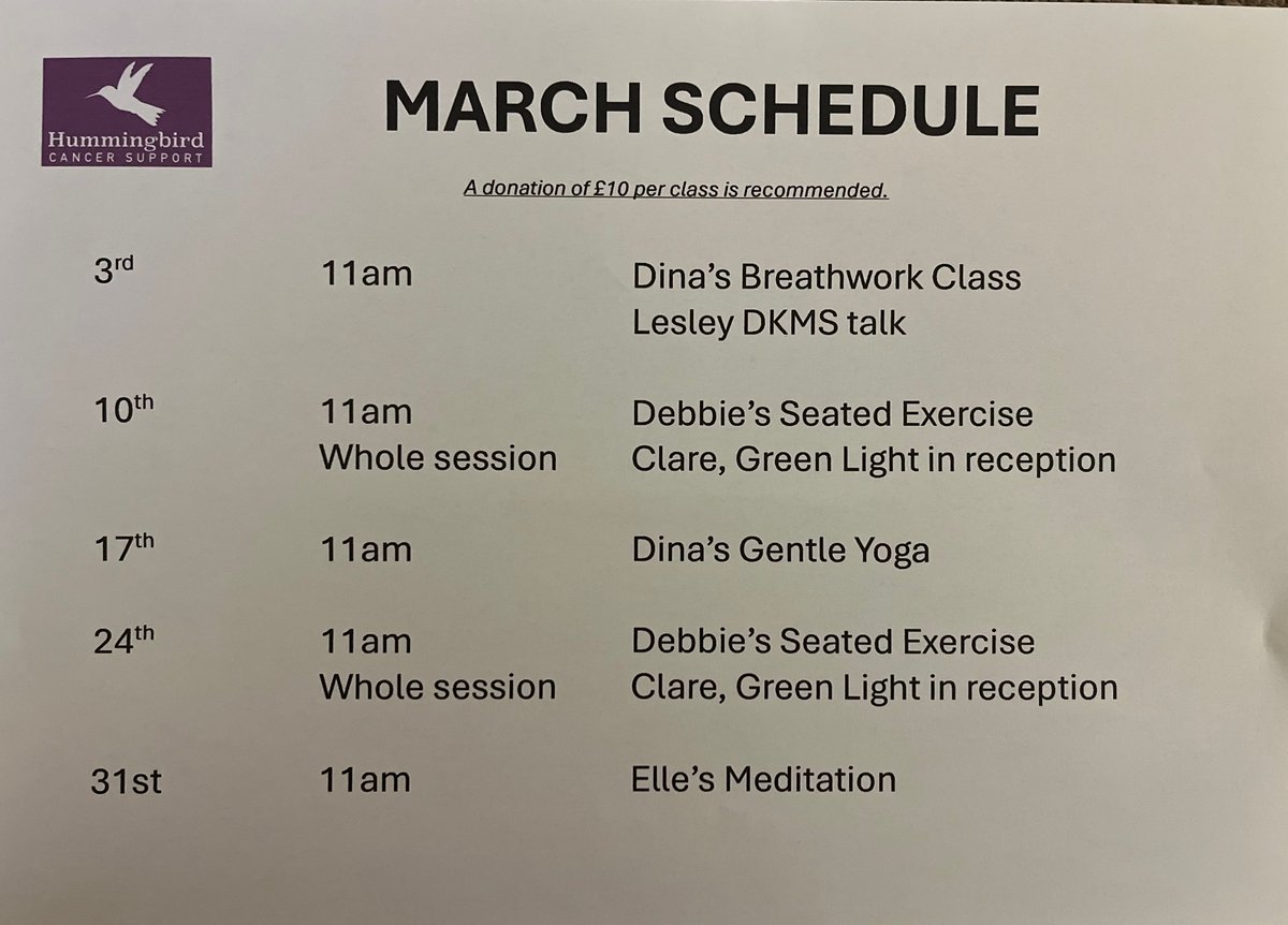 HummingbirdCSG's tweet image. Here is our March Schedule of classes and events, these are in addition to all our normal therapies.  Please call to book. 07510 178200