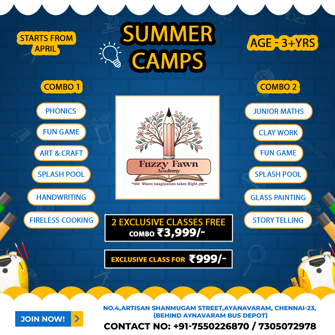 FuzzyFawn's tweet photo. 🌞🎨 Fuzzy Fawn Academy - #SummerCamp2025! 🎉📚
Exciting summer fun for kids 3+ years starting this April! Enjoy #Phonics, #Art &amp; #Craft, #SplashPool, #Storytelling, #ClayWork, &amp; more!
📢 Combo: ₹3,999/- (2 Classes FREE)
🎟️ Single Class: ₹999/-
📞 +91-7550226870 / 7305072978 https://t.co/fbfI8Jxaug