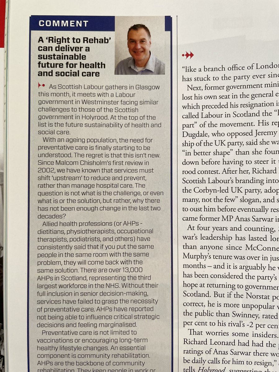 CSPScot's tweet image. ‘A #righttorehab can deliver a sustainable future for health and social care’ comment in this month’s @HolyroodDaily @kenryckbell @thecsp