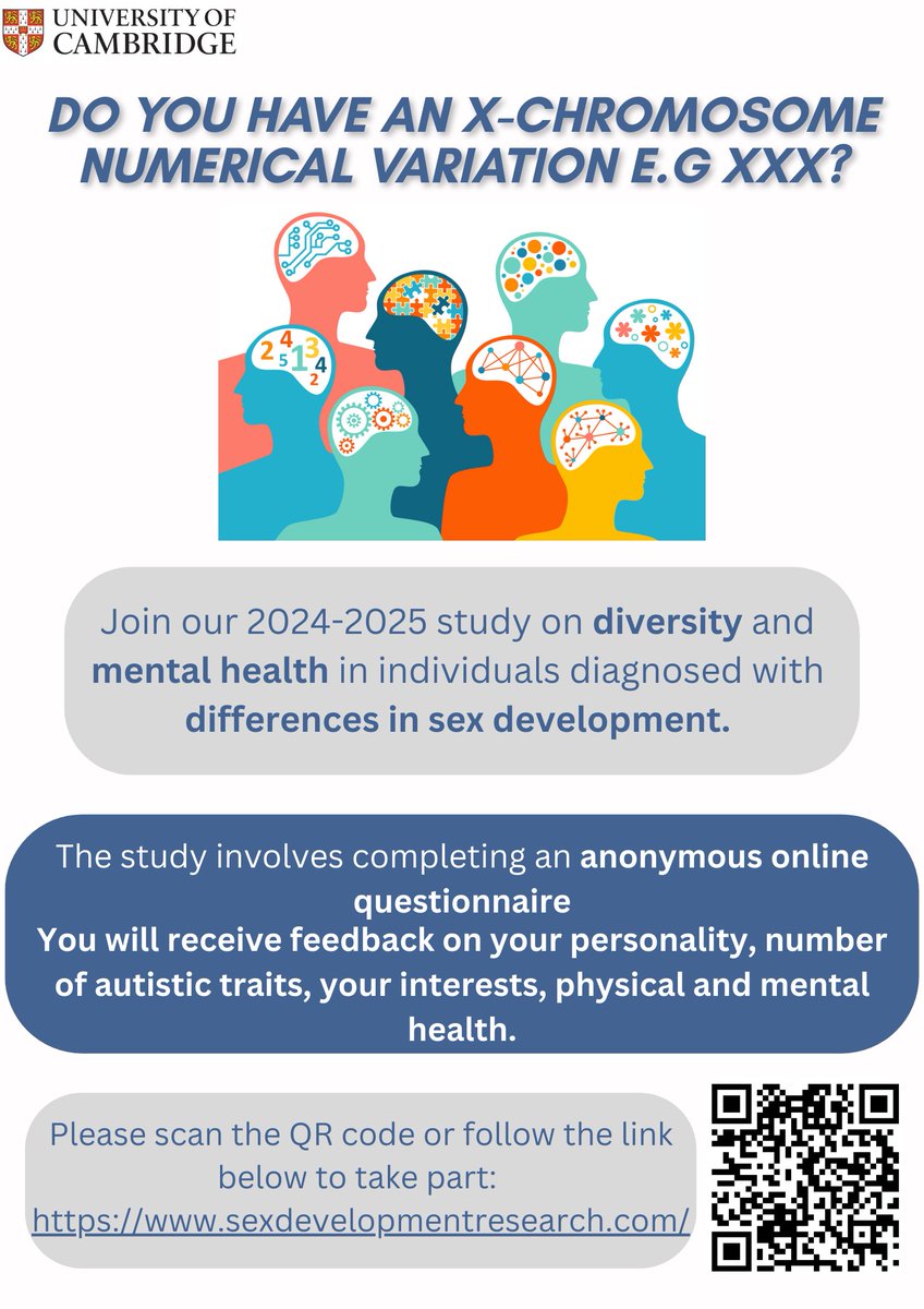 Do you have an X-Chromosome Numerical Variation e.g. #XXX ? Complete our online survey on diversity and mental health support needs here sexdevelopmentresearch.com