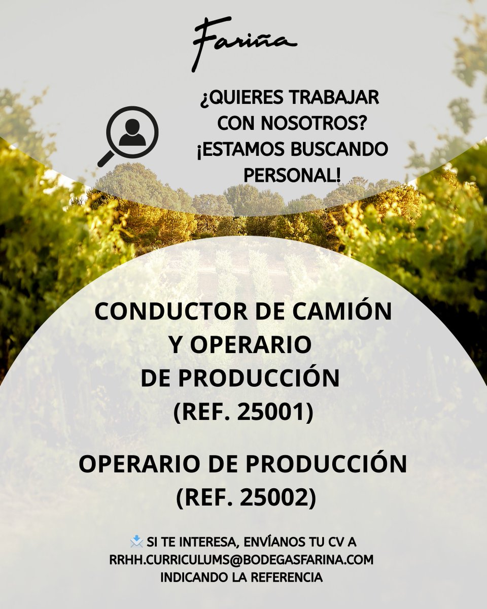 bodegasfarina's tweet photo. ¿Quieres trabajar con nosotros? ¡Estamos buscando personal!
#BodegasFariña #vinodetoro #tintadetoro #Familywinery #DOtoro #enoturismo https://t.co/Sq3I0DCHlt